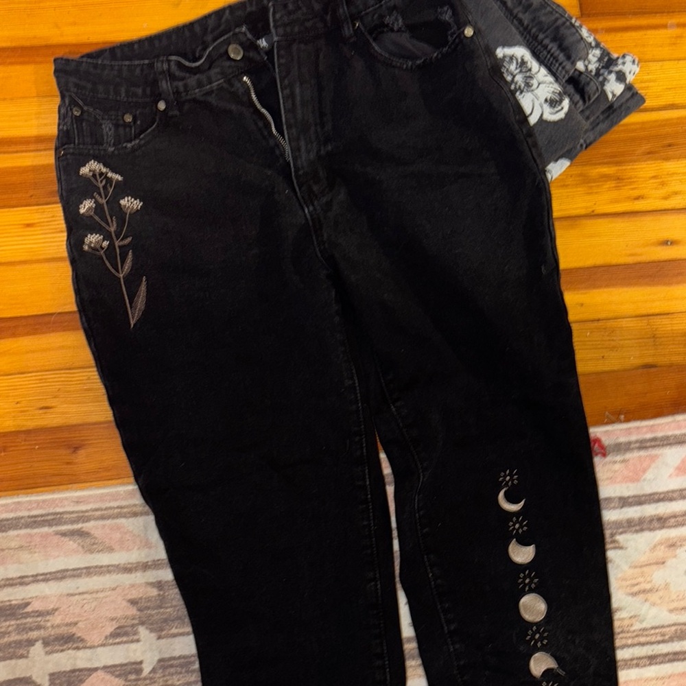 Disturbia Black Straight Leg Jeans with Moon Phase Design